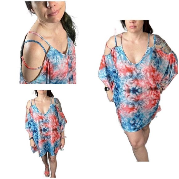 Lulla Collection Binya colorful tie dyed tunic cut out sleeves with bead trim - Picture 1 of 12